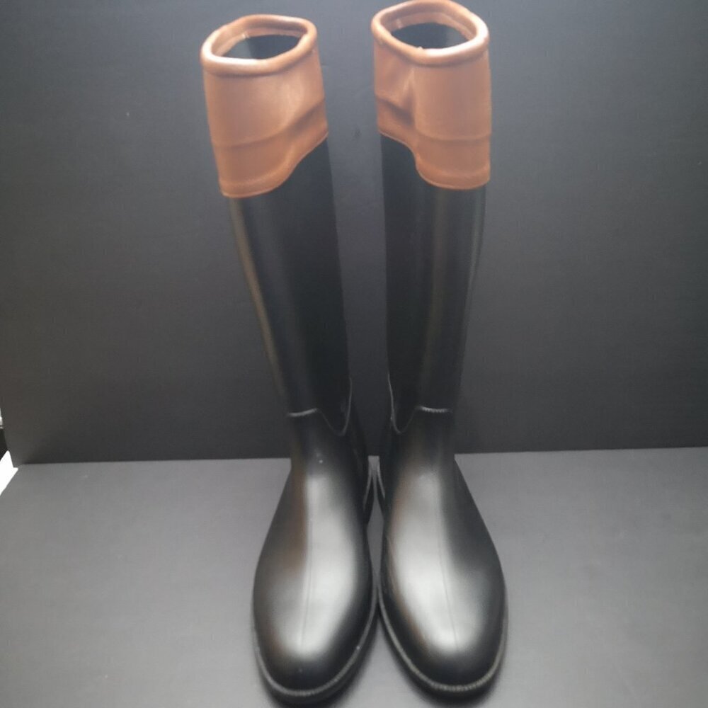 Dirty Laundry Ladies Size 9 / 40 Black & Tan Rubber Boots w/ Faux Leather Trim - Picture 5 of 11